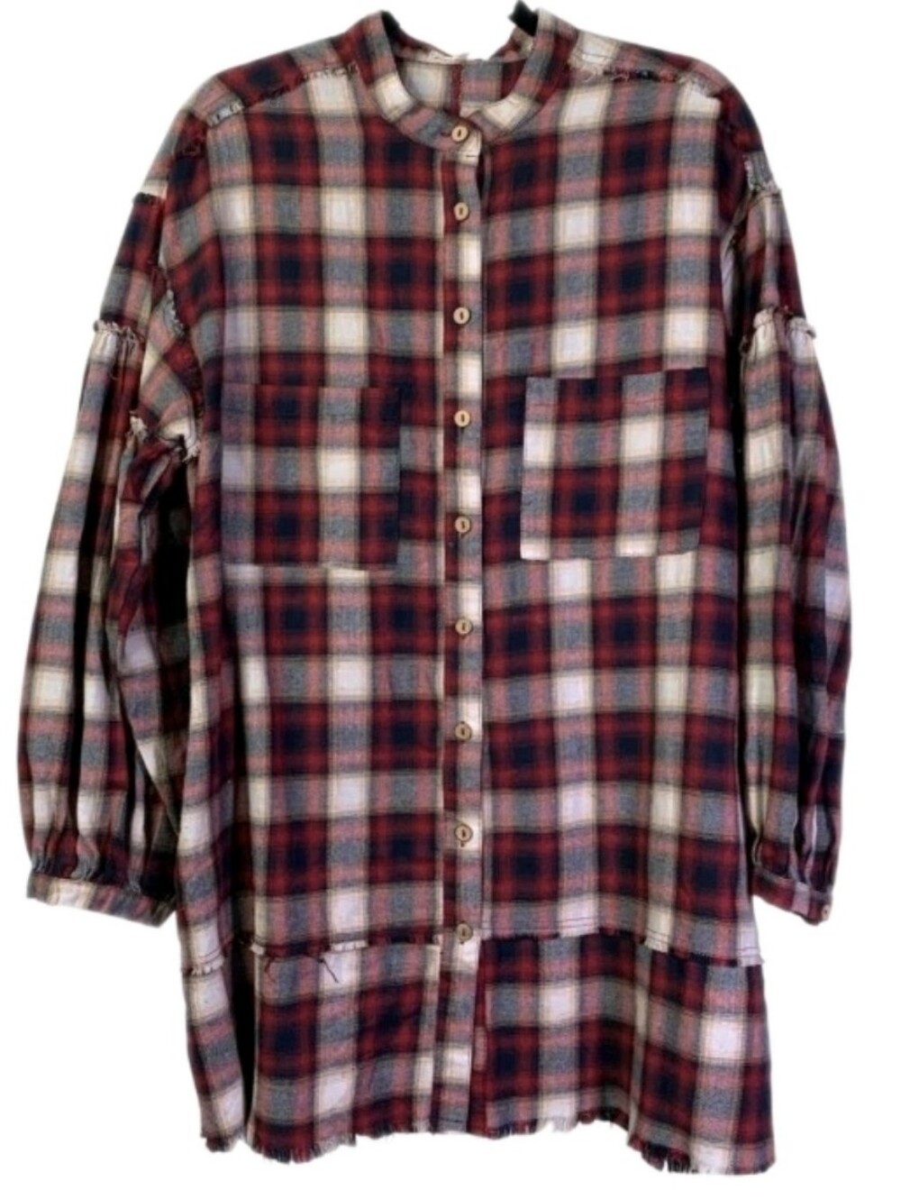 EASEL Women's Bohemian Plaid Button Up Fringe Tunic Sz Small Oversize